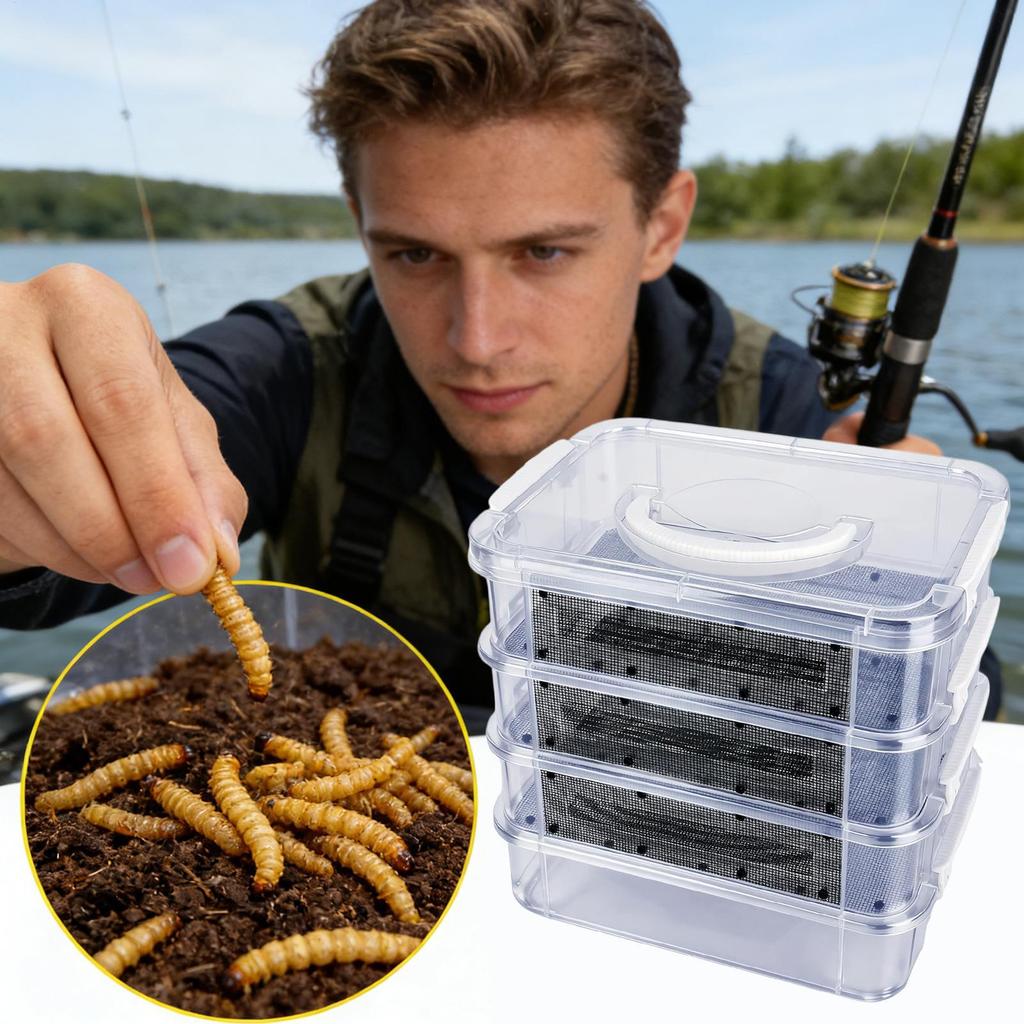 Mealworm Feeding Box 4-Layer Clear Mesh Breeding Habitat Kit Mealworm Farm Bin With Handle For Sugar Glider Reptile Spider Bird