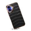 For iPhone 16 Case Genuine Cow Leather Crocodile Texture Electroplating Phone Cover - Black