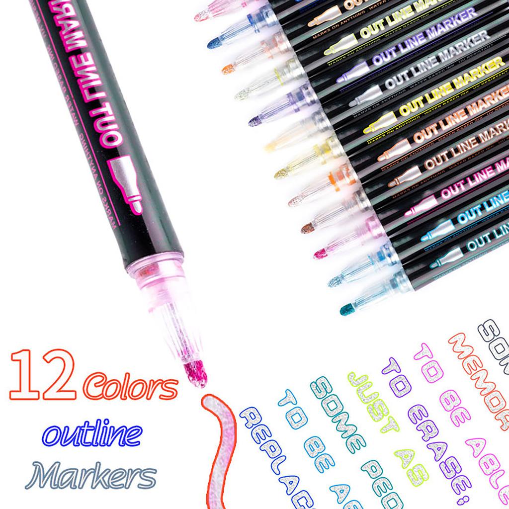 Outline Markers 12 Color For Doodle Outline Markers Glitter Double Line Pens Set For Gifts Greeting Cards Writing And Painting 1ml