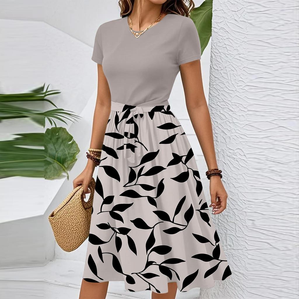 Women's Casual Fashion Belted Floral Print Short Sleeve Round Neck Elegant Dress