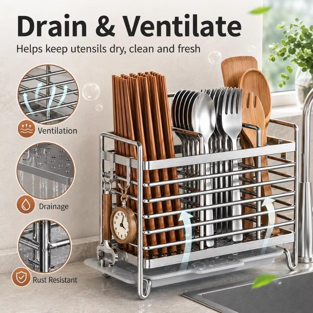No-Drill Chopstick Holder Rack Stainless Steel Cutlery Rack Kitchen Cutlery Organizer