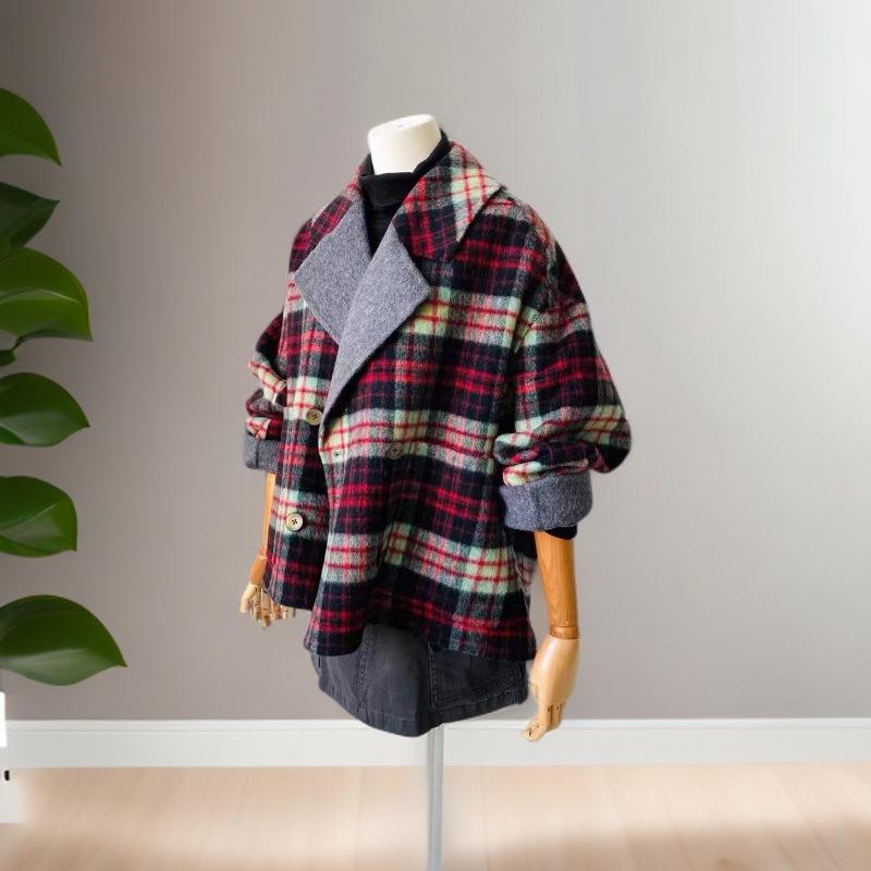 Empress Dowager Cixi Women's Double-Sided Cashmere Scarf Coat - Plaid Wool Outerwear for Autumn/Winter