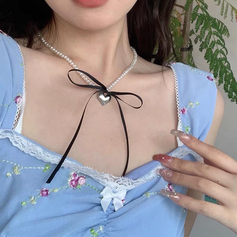 Корейское 3D металлическое ожерелье-бантик в форме сердца и жемчуга - уникальный модный дизайн ключичной цепи