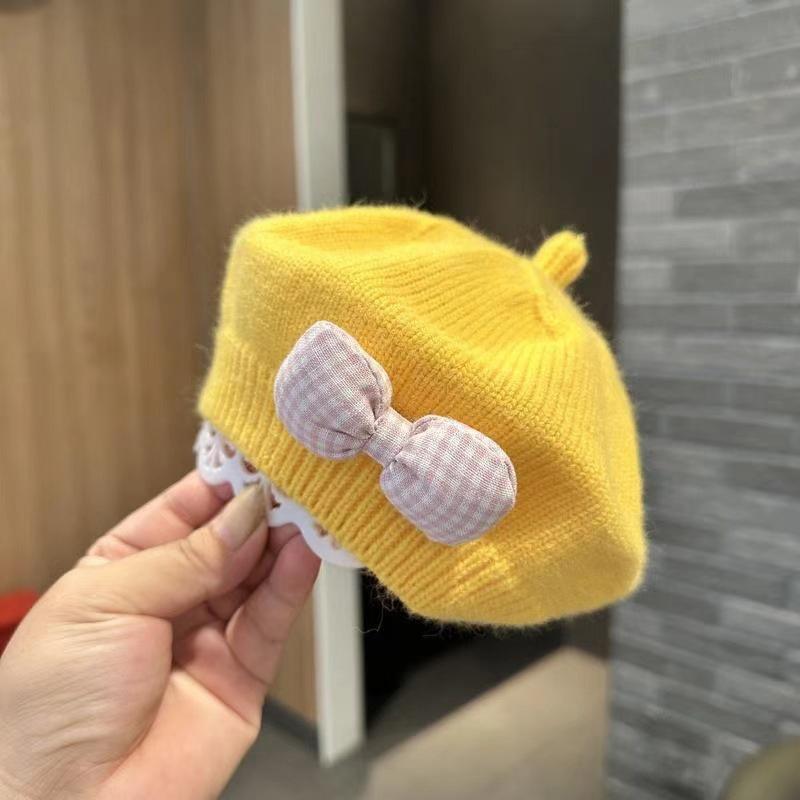 Fashion Cute Baby Hat Solid Color Bow Warm Beret Hat For Girls Vintage Princess Beret Hat Children Autumn Winter Cap Gifts