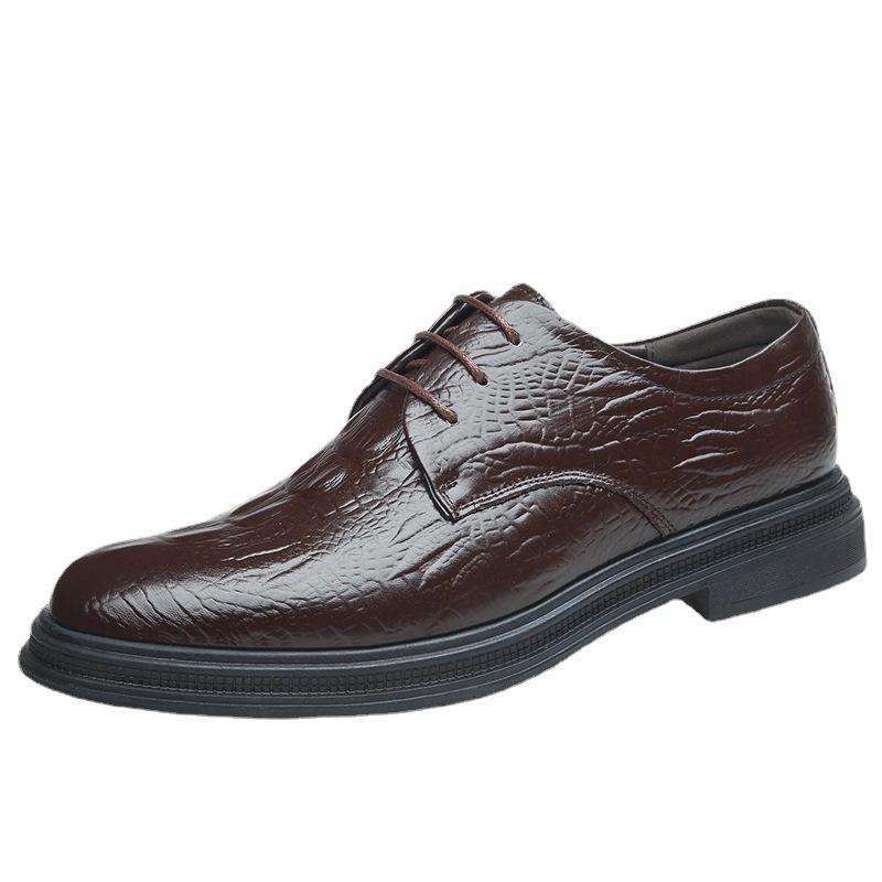 Резная коровья кожа первого слоя, узор крокодила, деловая повседневная мужская кожаная обувь, модная британская обувь, круглый носок, шнуровка, кожаная мужская обувь