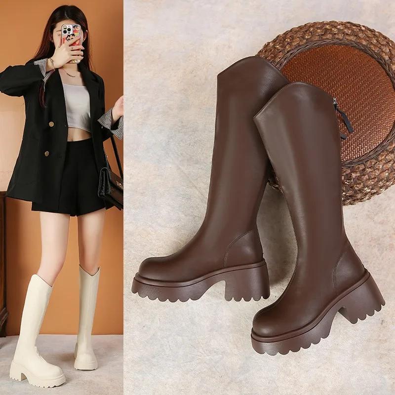 Новые женские сапоги с молнией сзади на толстой подошве на каблуке, простые осенне-зимние сапоги длиной до колена