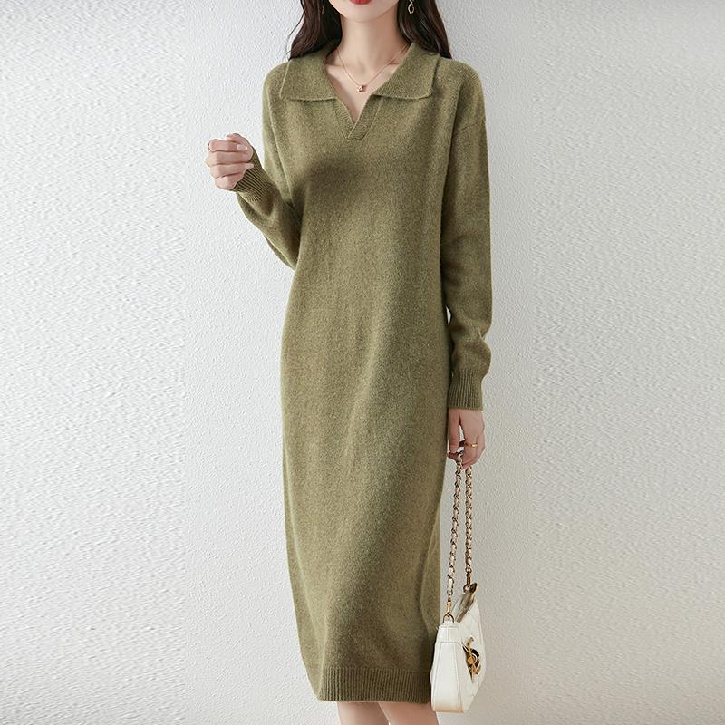 Женское платье-свитер 100% шерсть MODERN NEW SAGA V-образный вырез трикотажный длинный пуловер воротник поло зимние джемперы шерстяное длинное платье женское