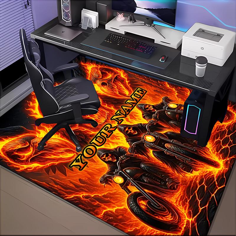 1PC Custom Name Skulls Fire Motorcycles Theme Floor Mat Ideal for Living Room, Game Rooms, Office, Bedroom,Floor Mat Playful Design