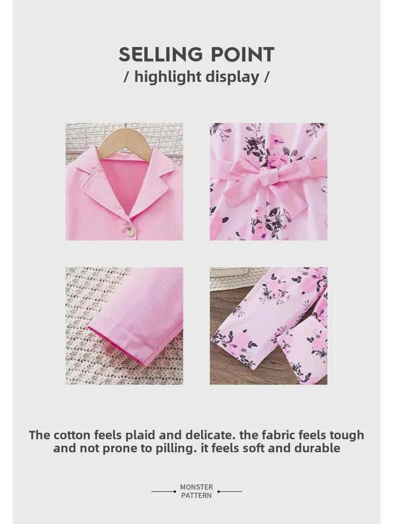 Комбинезон с цветочным принтом и розовой курткой в европейском стиле из двух предметов для девочек