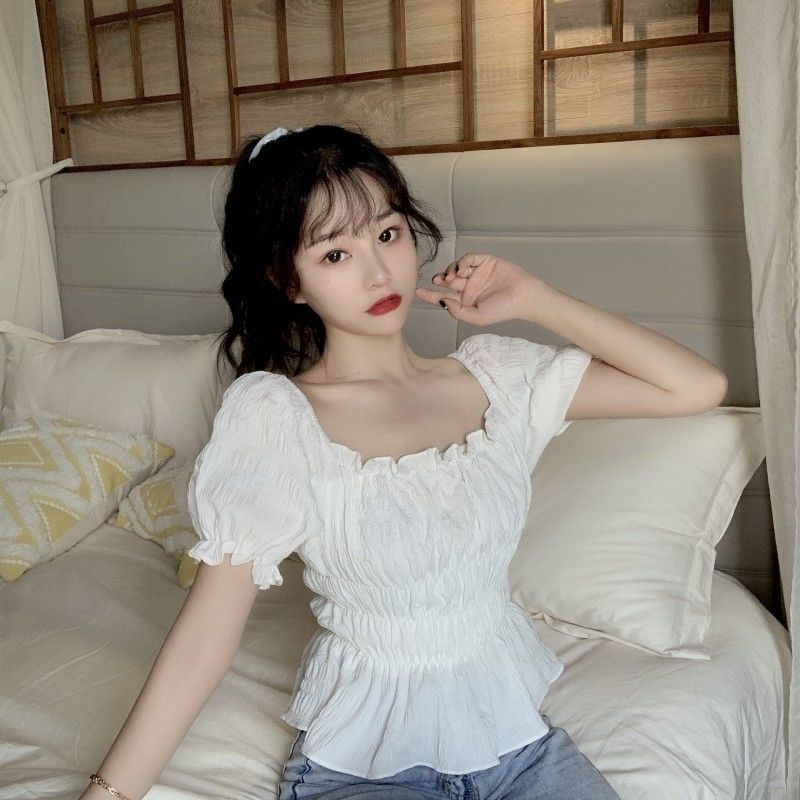 Короткая шифоновая рубашка с квадратным вырезом, топ с пышными рукавами, женская тонкая рубашка с коротким рукавом, женские блузки, простой повседневный стиль