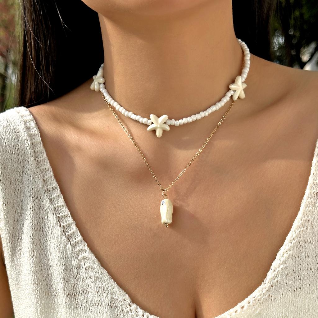 Charm Ocean Starfish OT Buckle Pendant Necklace for Women Handmade Rice Beads Ceramic Fish Choker Necklace Girls Party Jewelry
