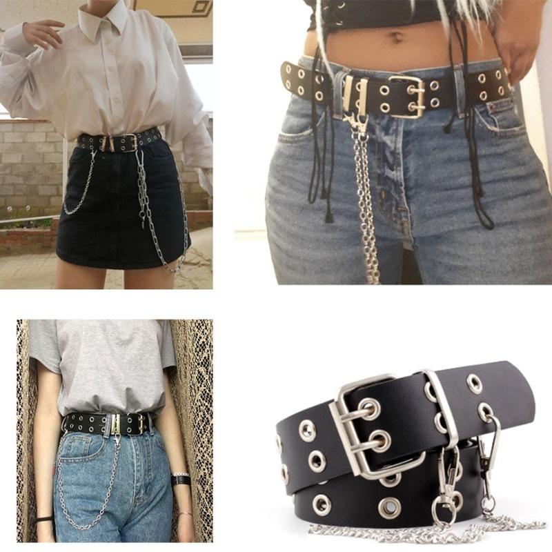 Women Punk Chain Belt Adjustable Black Double/Single Eyelet Grommet Metal Buckle Leather Waistband for Jeans
