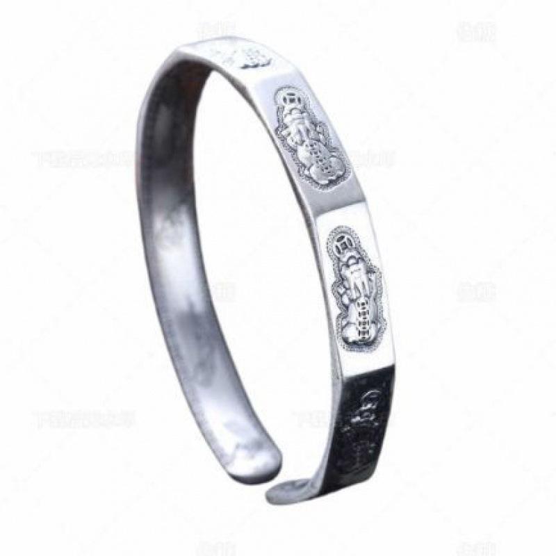 Zuyin 999.9 Retro Worn Pixiu Wealth Attraction Bracelet for Men and Women Open Six Character True Words Pure Silver Bracelet