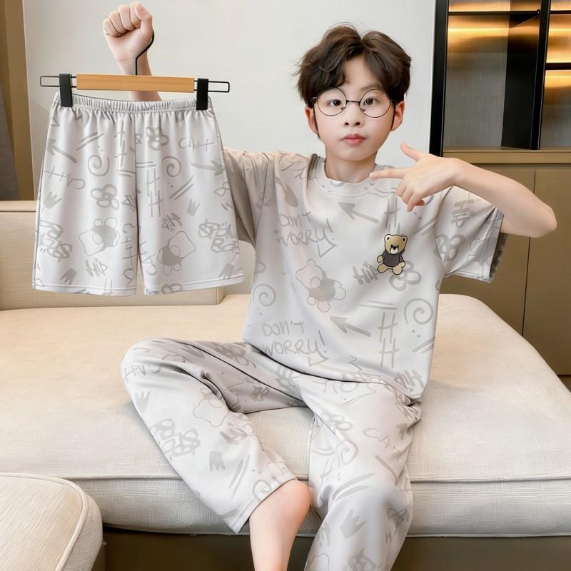 Cotton 3-Piece Pajama Set Boys Lightweight Short Sleeve Sleepwear Cartoon Print Home Wear Ages 8