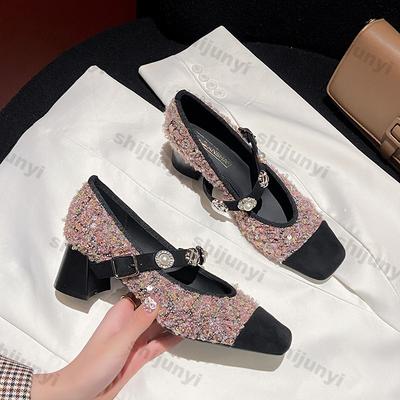 Мода Женщины Новый Дизайн Туфли Мэри Джейн с Пайетками Туфли-Лодочки с Пряжкой Элегантные Неглубокие Полые Толстый Каблук Повседневная Обувь Женская Вечеринка Кожаная Обувь