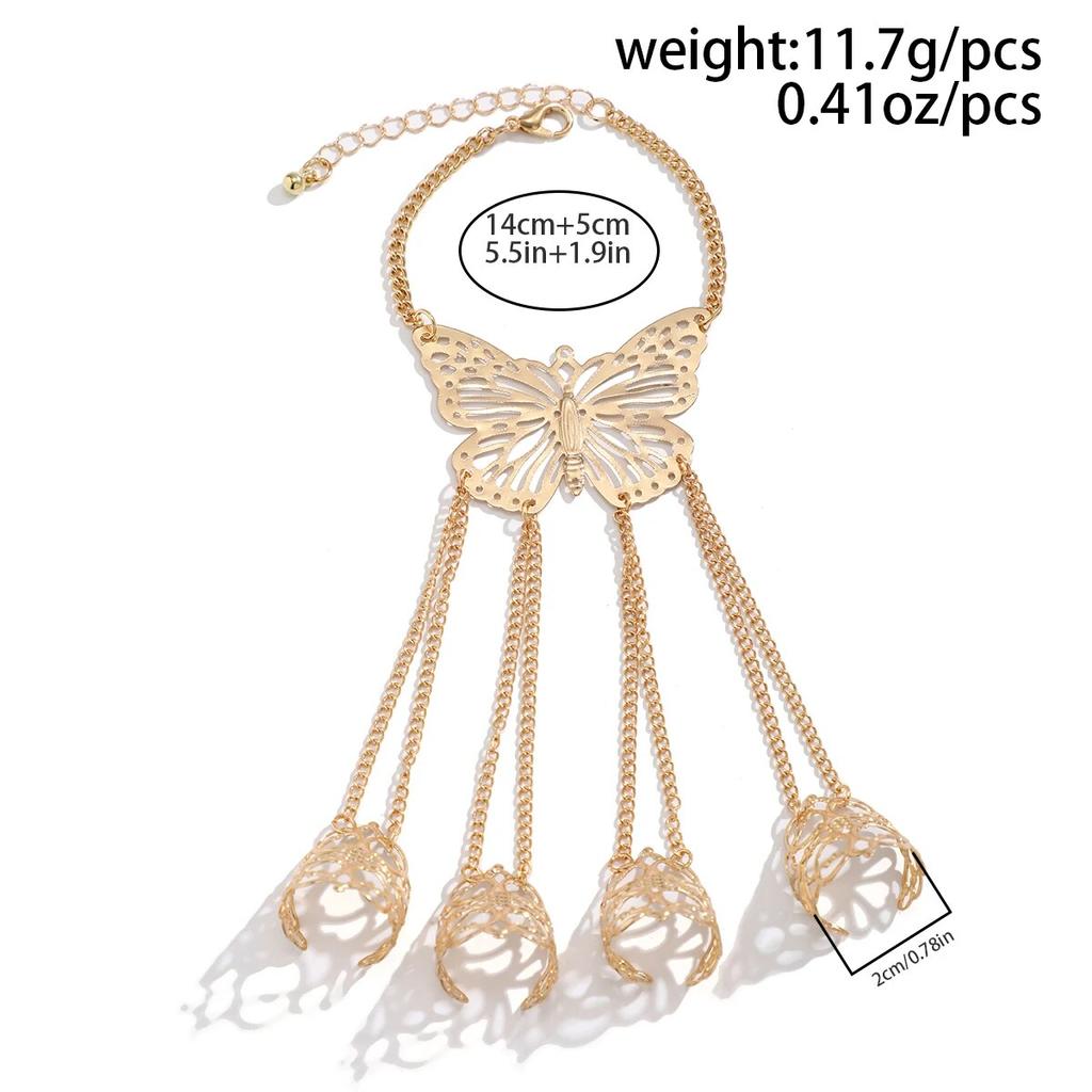 Vintage Open Hollow Finger Ring Link Chain Butterfly Bracelet for Women Punk Gold Color Cuban Chain Hand Jewelry Party