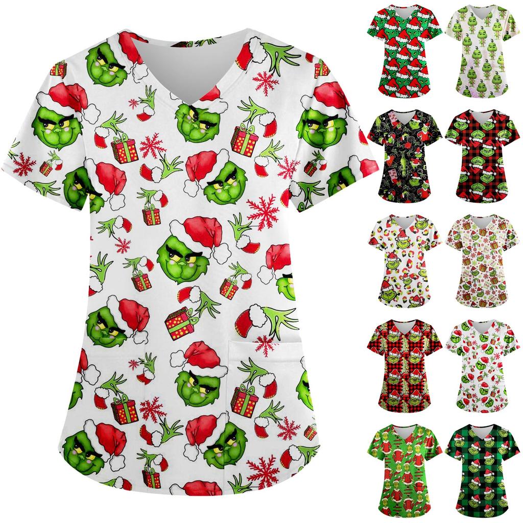 Женские модные топы с короткими рукавами и V-образным вырезом с принтом, рабочие футболки с карманами