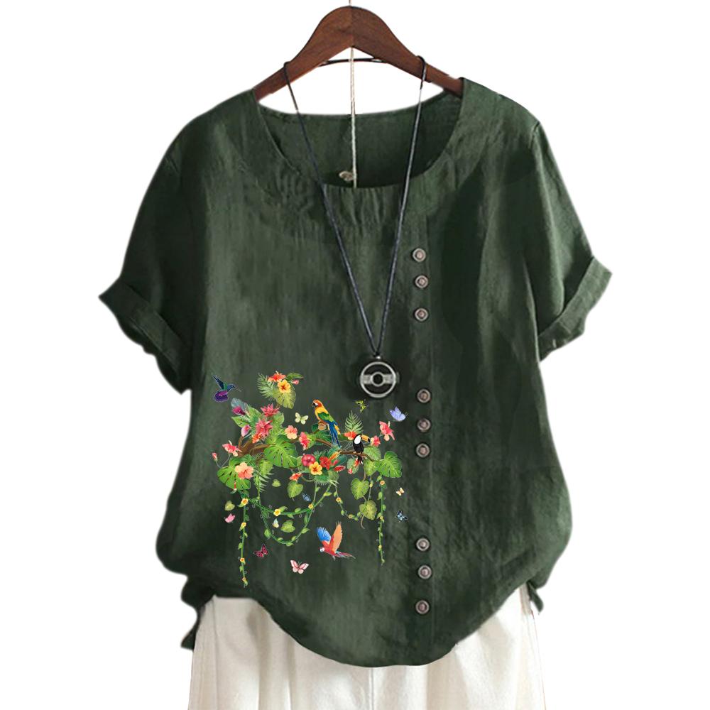 Fashionable Women's Cotton Short Sleeve Top with 11 Colorful Floral Prints and Round Neck