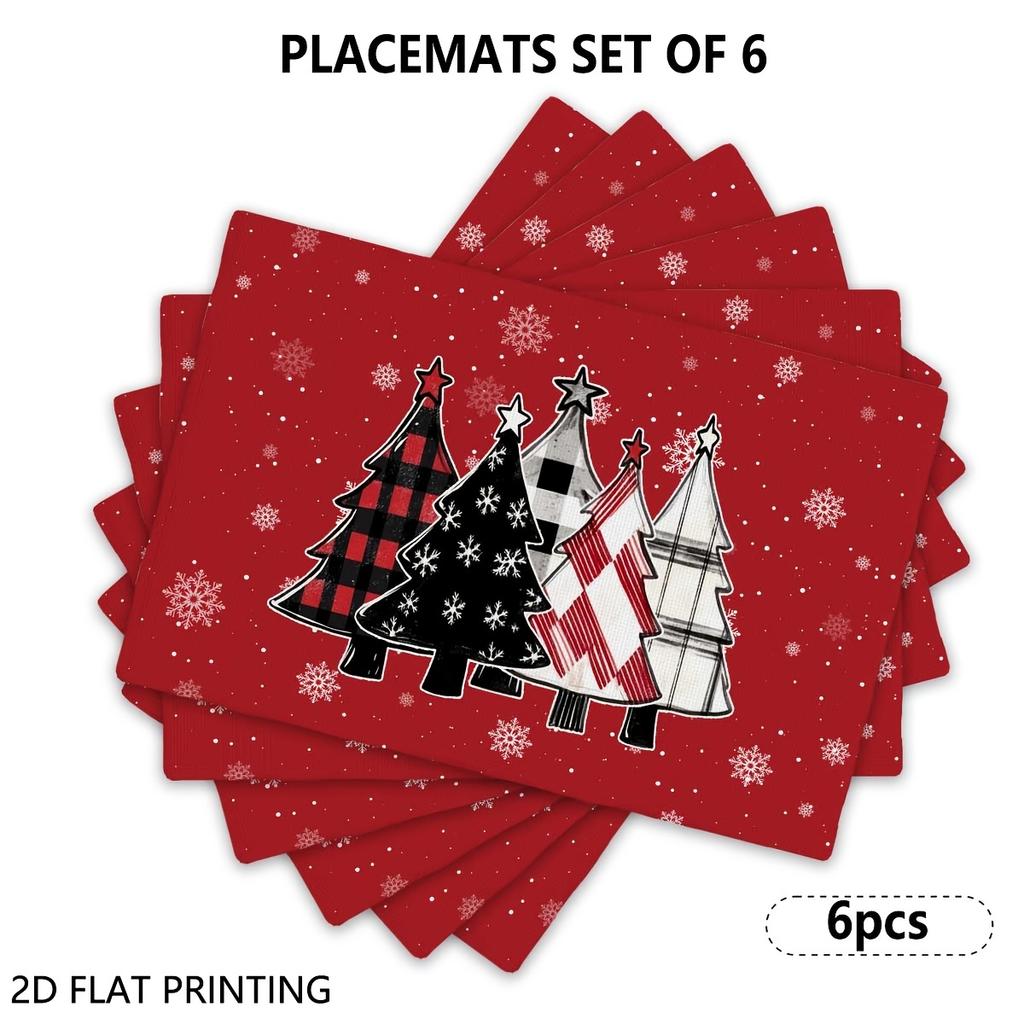 4pcs/6pcs Christmas Table Placemats, Plaid Xmas Tree Print for Home Kitchen Placemats, Suitable for Home Kitchen Restaurant Decor, Holiday Party Table