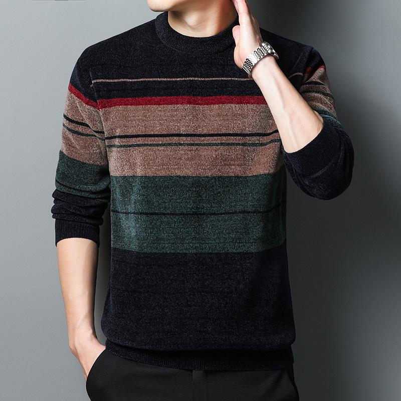 Мужской зимний теплый свитер на флисовой подкладке - пуловер с круглым вырезом и геометрическим узором, повседневный трикотажный топ с длинными рукавами, стандартный крой для выходов и выходов
