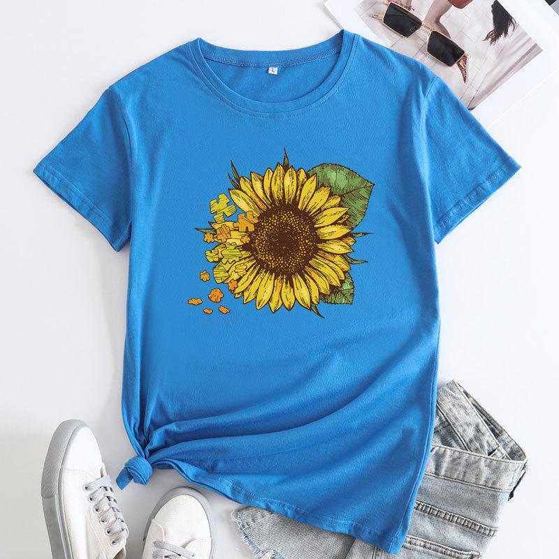 Summer Round Neck Sunflower Pattern Printed Top Fashionable Casual Short Sleeved Women's Pure Cotton T-shirts