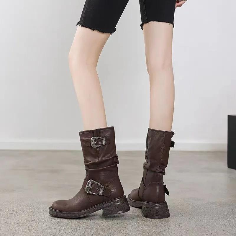 Women Fashion Boots Pleated Mid-calf Boots Platform Heels Autumn Cow Suede Women Boots Square Toe Chunky Heels Boots for