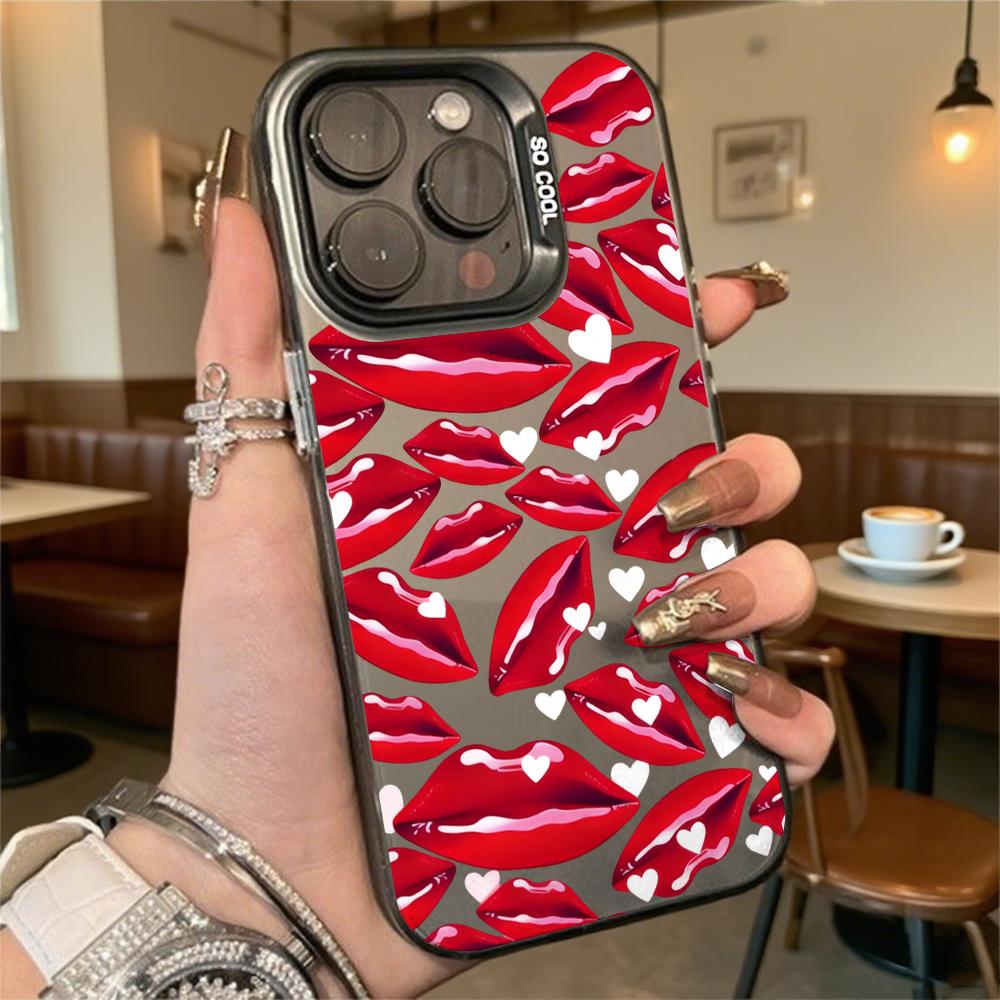 Жесткий чехол для телефона с красными губами и сердечками для iPhone 16 15 14 13 12 11 Pro Max Mini Ударопрочный Защитный чехол от царапин