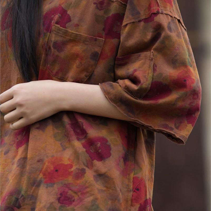 Johnature Женские винтажные футболки с цветочным принтом, свободные хлопковые футболки, весенняя одежда с круглым вырезом и короткими рукавами, карманы, женская футболка