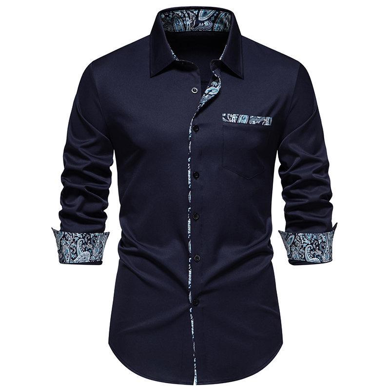 Весна-лето Британский ретро Slim Fit Color Blocks Повседневная мужская рубашка с длинным рукавом Рубашки (Мужской)