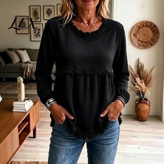 Ruffle Long Sleeve Top Women Fall O-Neck Shirt, Loose Fit Casual Fringe Blouse, Solid Blouses Color Pullover with Tassels Blouse