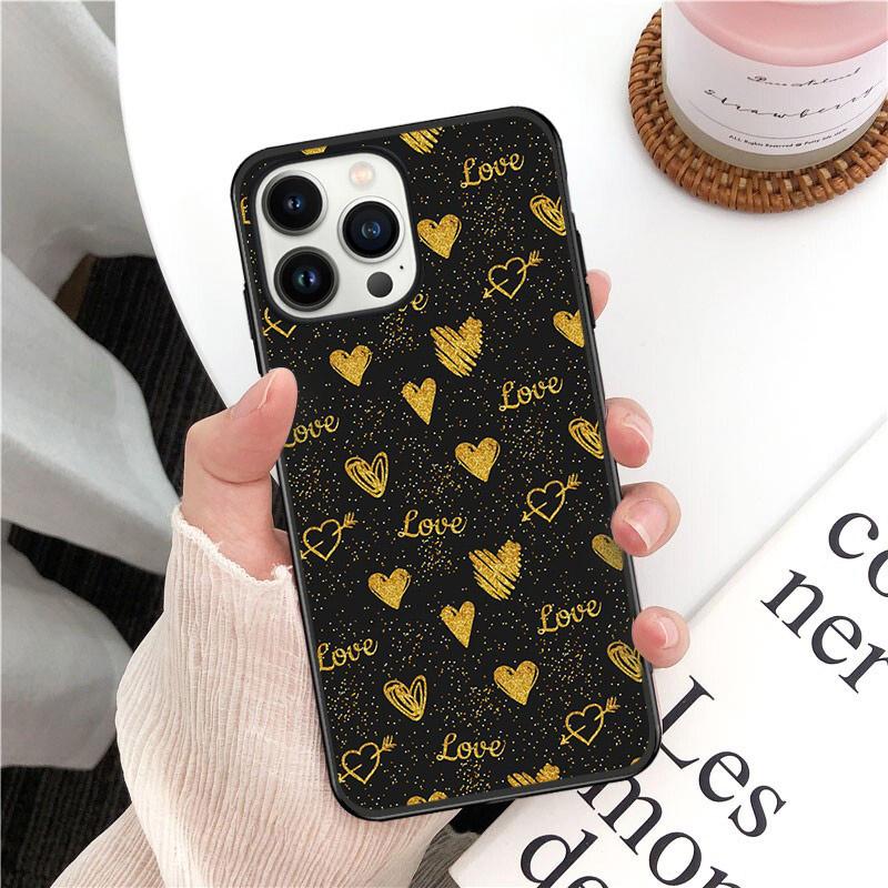 Чехол для телефона iPhone 14 13 12 11 Pro Max XS XR X 8 7 Plus SE Чехлы для мобильных телефонов Gold Rose Love Heart Funda Cell