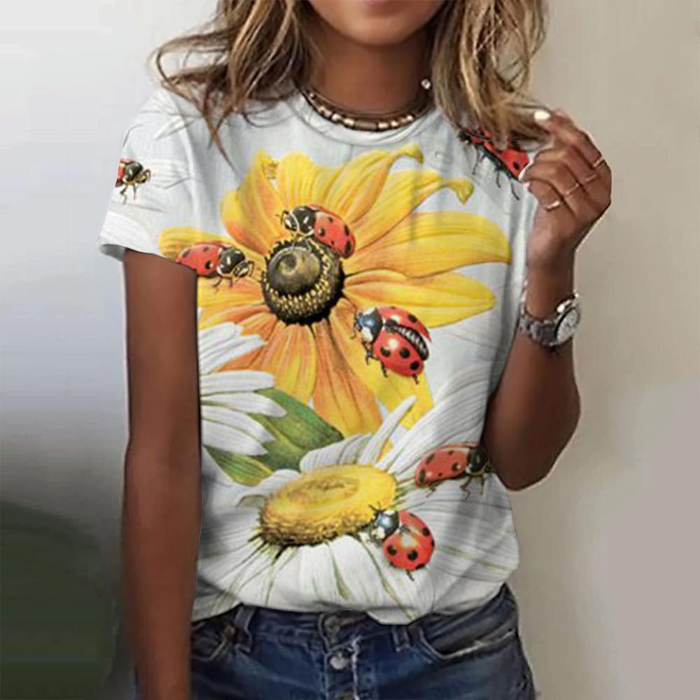 Летний топ с круглым вырезом и принтом 3D божьей коровки, модные повседневные женские футболки с короткими рукавами