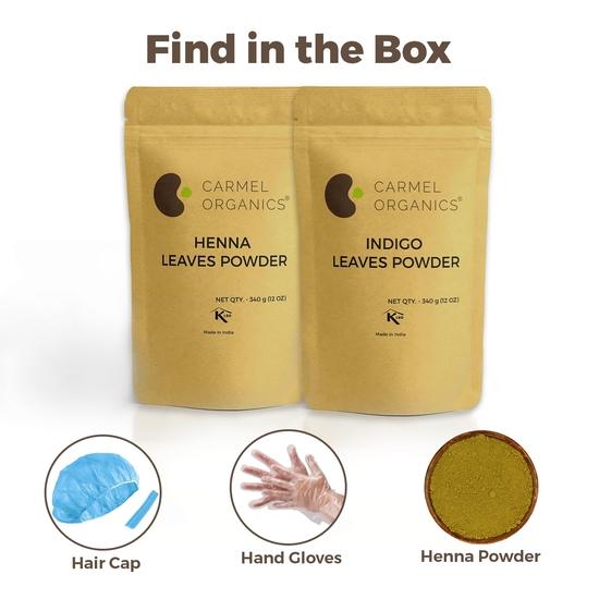 CARMEL ORGANICS Комбо порошков хны и листьев индиго для окрашивания волос (340 г каждый) | Без добавления консервантов и добавок | Без ГМО