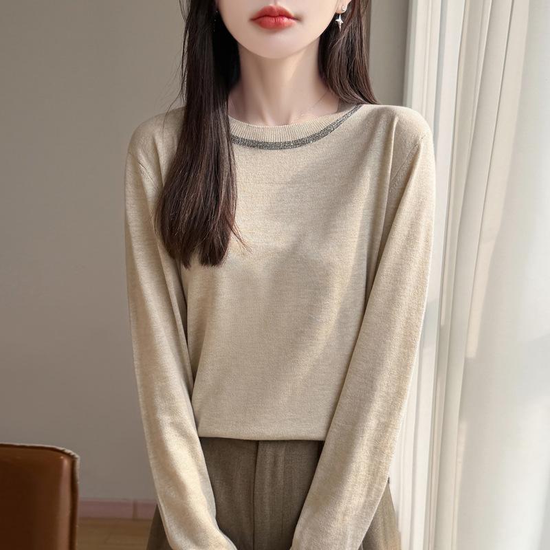 Women S Crew Neck Long Sleeve Loose Knit Sweater With Rhinestone