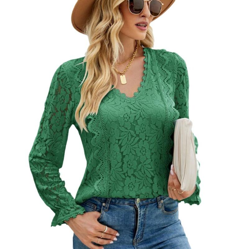 Весенне-осенняя женская блузка с длинными рукавами, однотонная, с ажурным кружевом, сексуальный трикотажный топ
