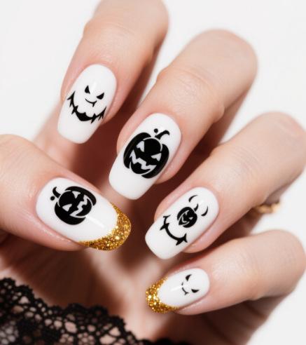 New Nail Art Halloween Golden Glitter French Pumpkin Demon Medium Rectangle Wear Nail Art