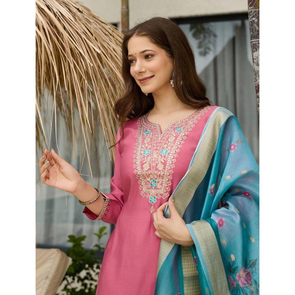 Женские вискозный шелк вышитые прямые курти с брюками и дупаттой