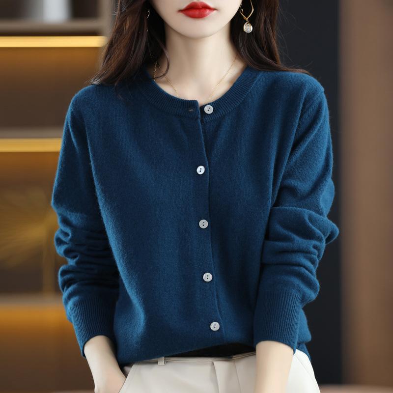 Knitted Cardigan Round Neck Sweater Women's Long Sleeved Solid Color Button Down Sweaters Jacket