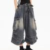 American Style Women Vintage Washed Workwear Denim Shorts with Multiple Pockets Pleated Design Loose Drapey Seven-Foot Pants