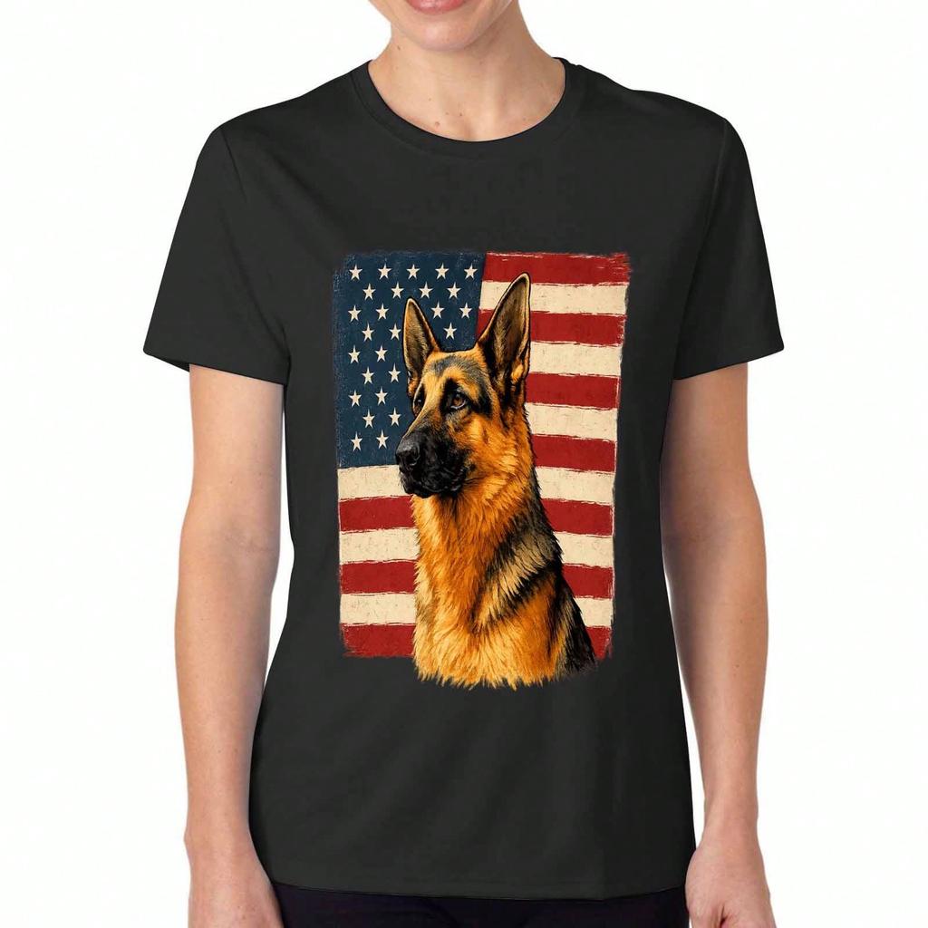 Немецкая овчарка Американский флаг унисекс хлопковая футболка, 100% хлопок, премиум-печать, прочная, повседневная мода, отличный подарок для любителей собак и патриотичных амери
