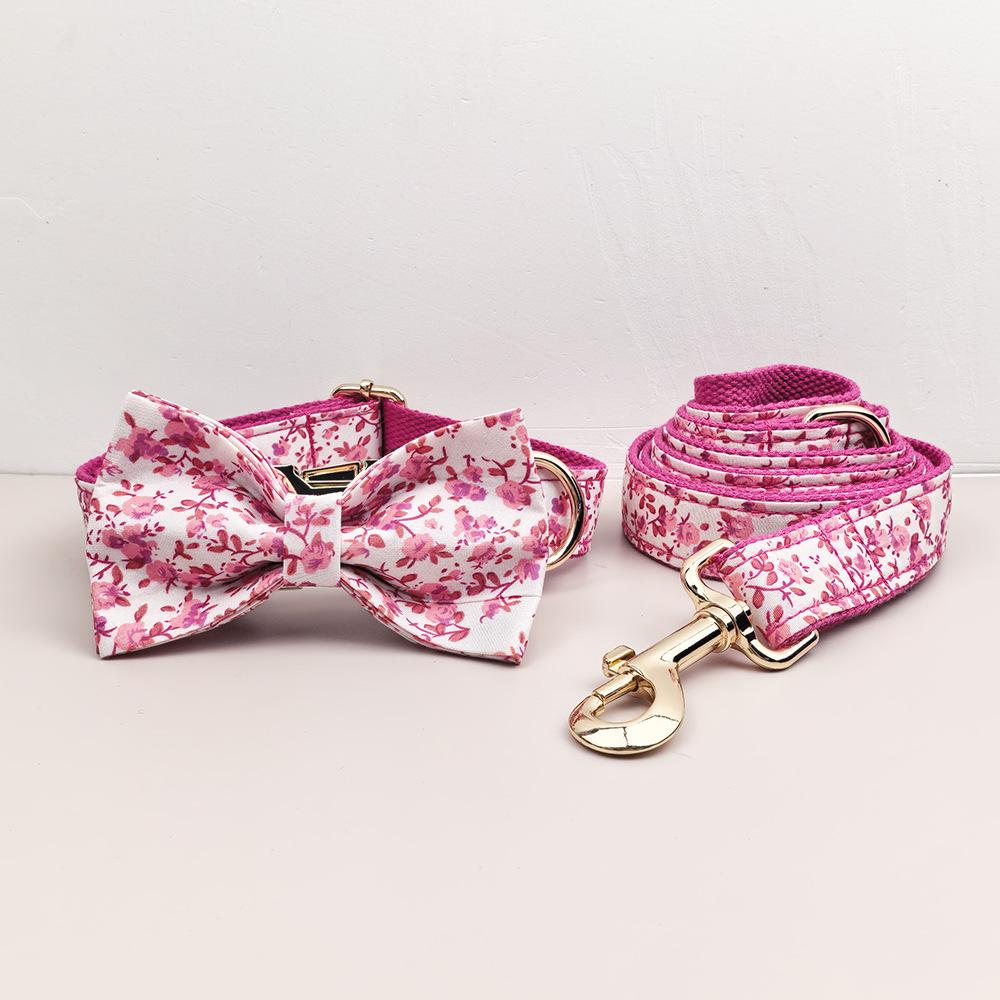 Personalized Elegant Cotton Floral Print Dog Collar And Leash Set Adjustable Pet Leads XS-XL Frenchie Teddy Bowtie Necklace