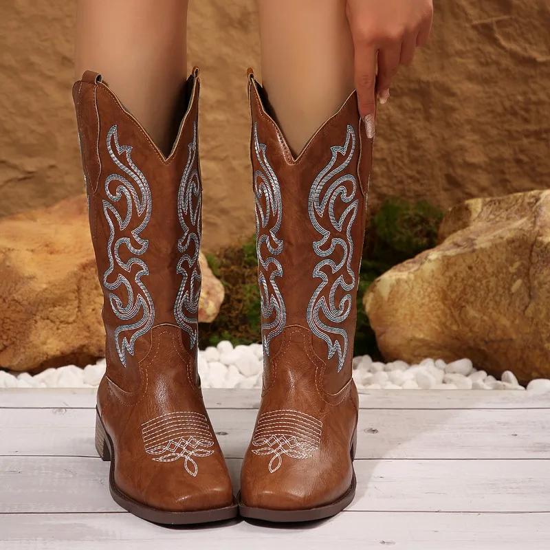 Fashion 2024 Fashion Women's Shoes Slip-on Women's Boots Hot Sale Embroidery Modern Boots Women New Plus Size Mid-Calf Boots Zapatos