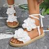Fashion New 2025 Large-sized Ankle Lace-up Flower-shaped Sandals for Women, Fashionable Woven Strap Beach Flip-flops for Women Shoes