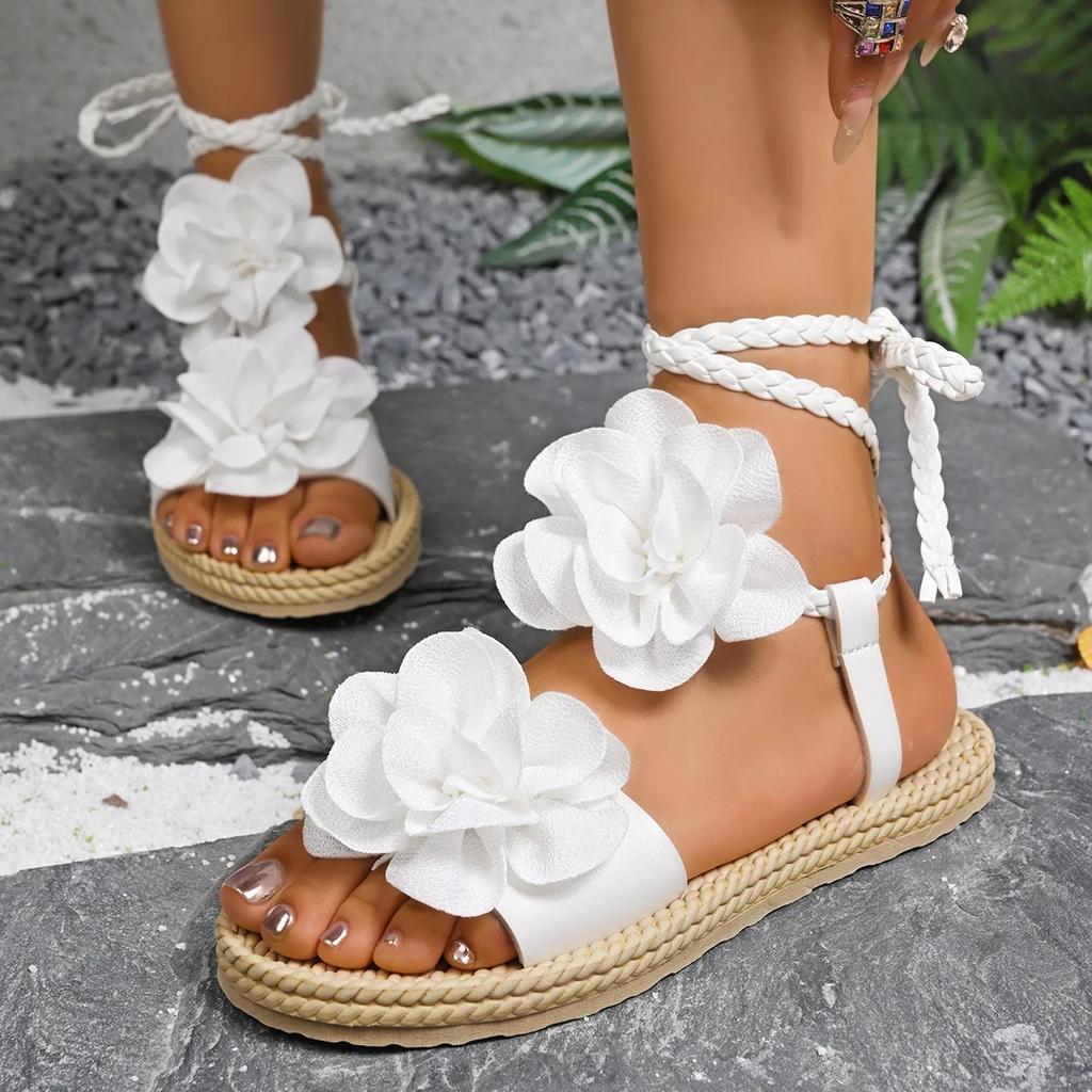 Fashion New 2025 Large-sized Ankle Lace-up Flower-shaped Sandals for Women, Fashionable Woven Strap Beach Flip-flops for Women Shoes