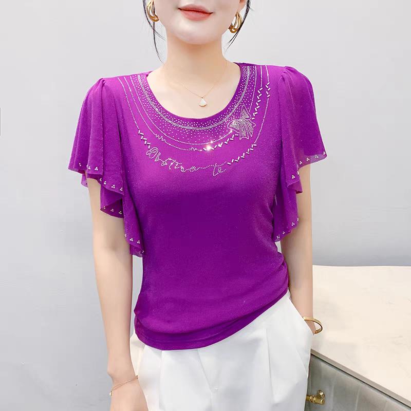 Летняя Новая Элегантная Футболка из Сетки с Короткими Рукавами и Круглым Вырезом Модные Рюши Горячие Бриллианты Женские Футболки Шикарные Рукава-Бабочки Повседневные Топы