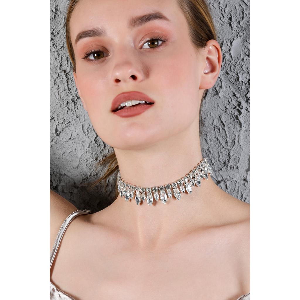 Women's Big Small Almond Zircon Stone Model Silver Diamond Evening Dress Wedding Engagement Bridal Necklace Leash Choker