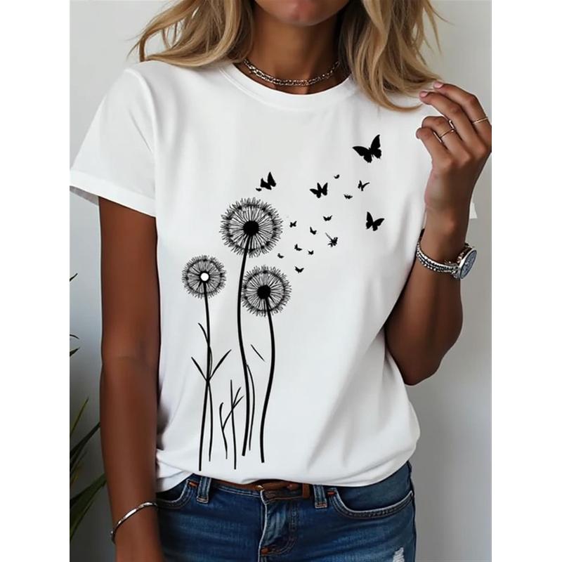 Dandelion Blowing Seeds Turn Into Butterflies Black Print White Women TShirt