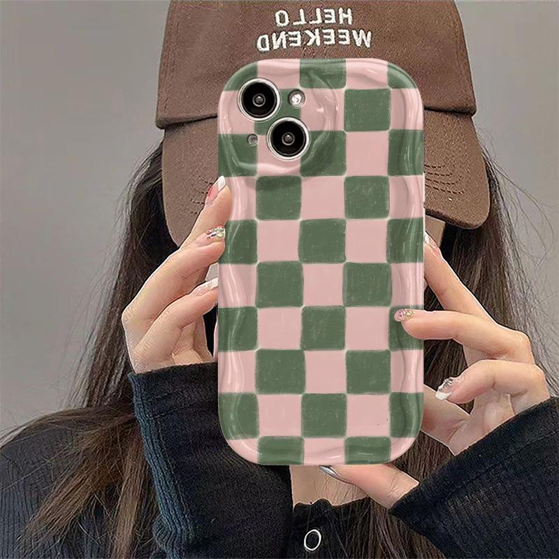 Модный чехол для телефона с принтом в розово-зеленую клетку и волнами Для iPhone 11 12 13 14 15 16 17 Pro Max XS Max XR X 16E 17Air Мягкая задняя крышка