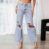 Ripped High Waist Long Wide Leg Washed Casual Women's Jeans
