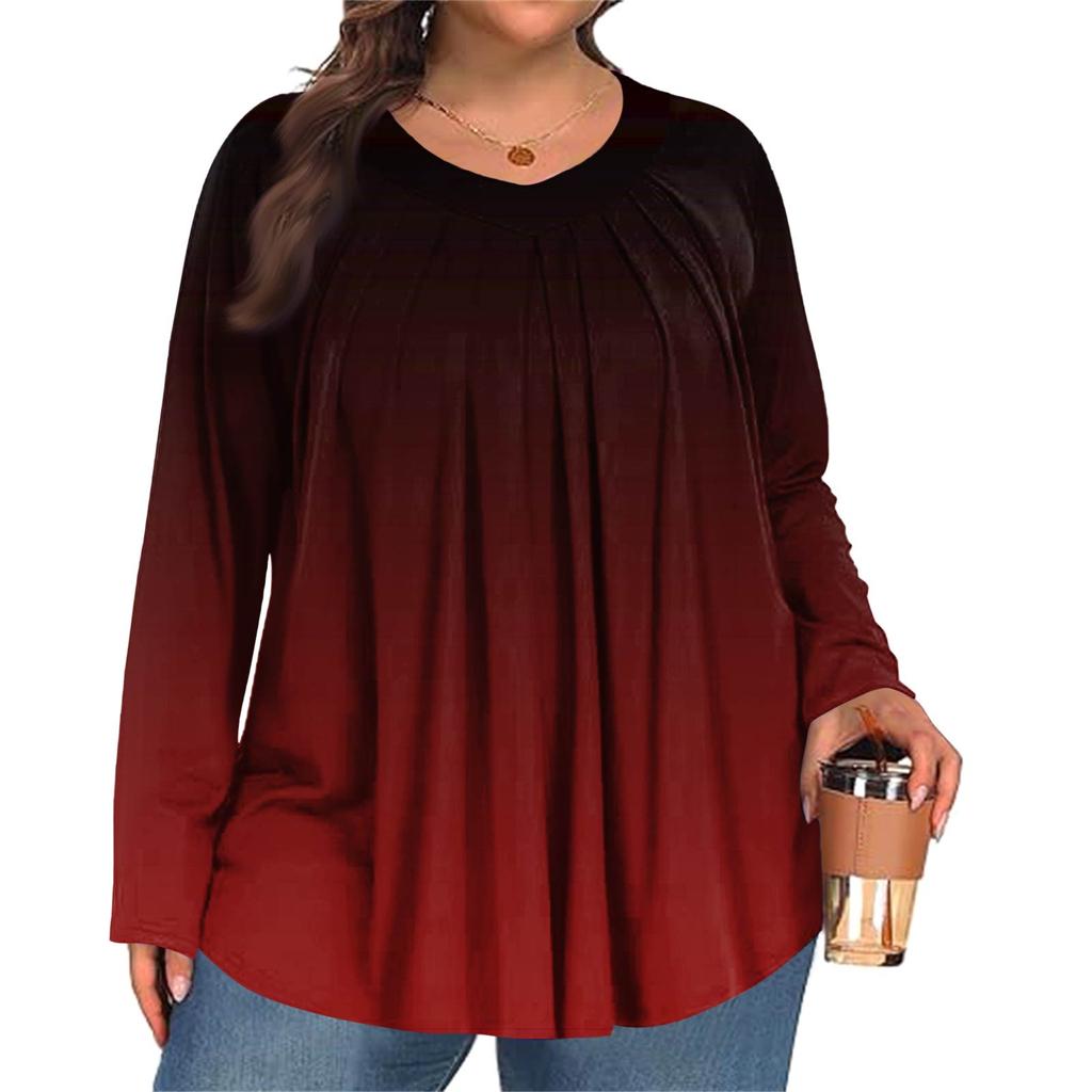 Women's Plus Size Fashion  Printed Casual Pleated Round Neck Long Sleeve Top